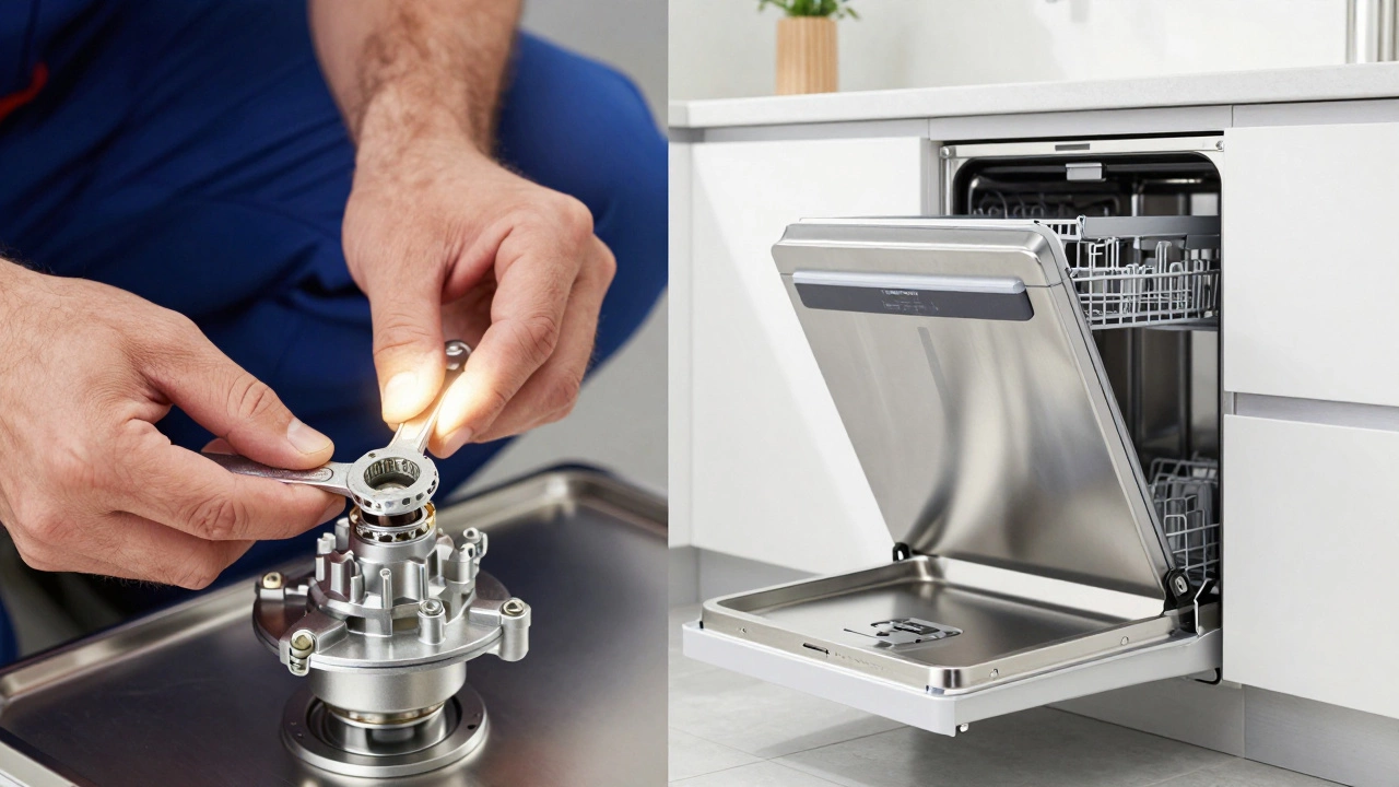 Split view of a dishwasher pump repair and a new dishwasher installation