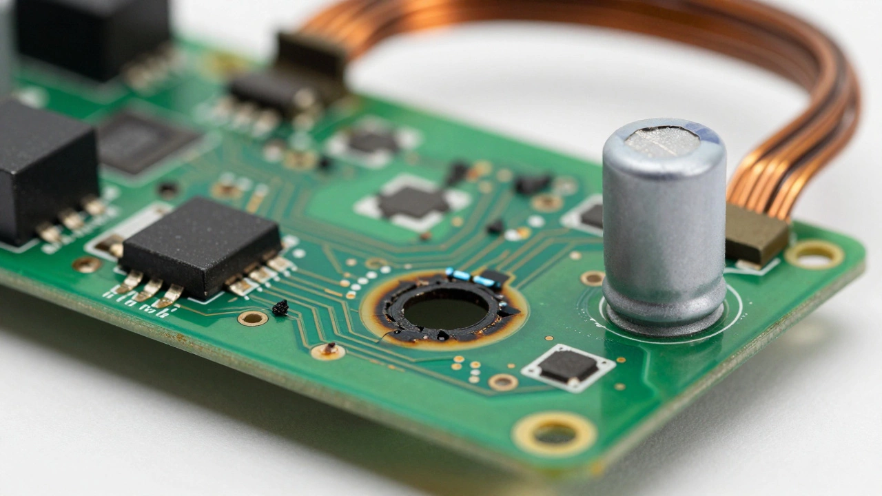 Close-up of burnt and damaged electronic control board components.