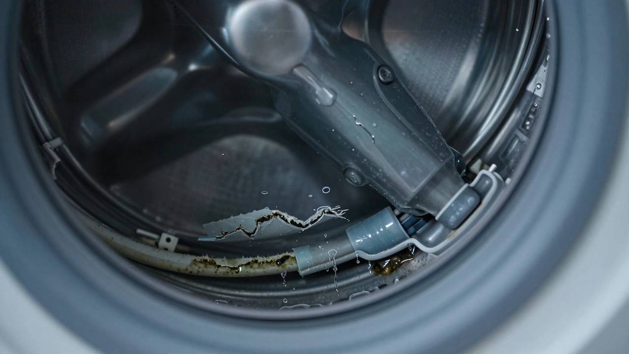 Close-up of leaking washer seal and pooled water indicating failure