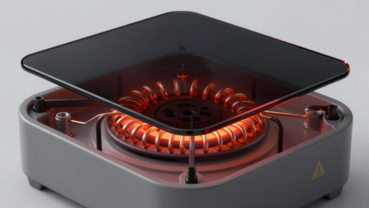 Cutaway view of ceramic hob showing sealed heating coils under glass surface.