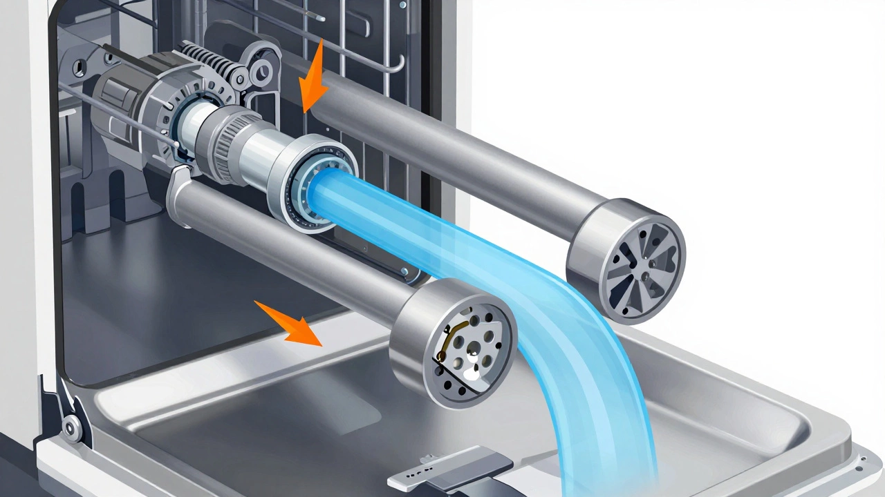 Diagram of dishwasher spray arms blocked by mineral deposits and hard water buildup.