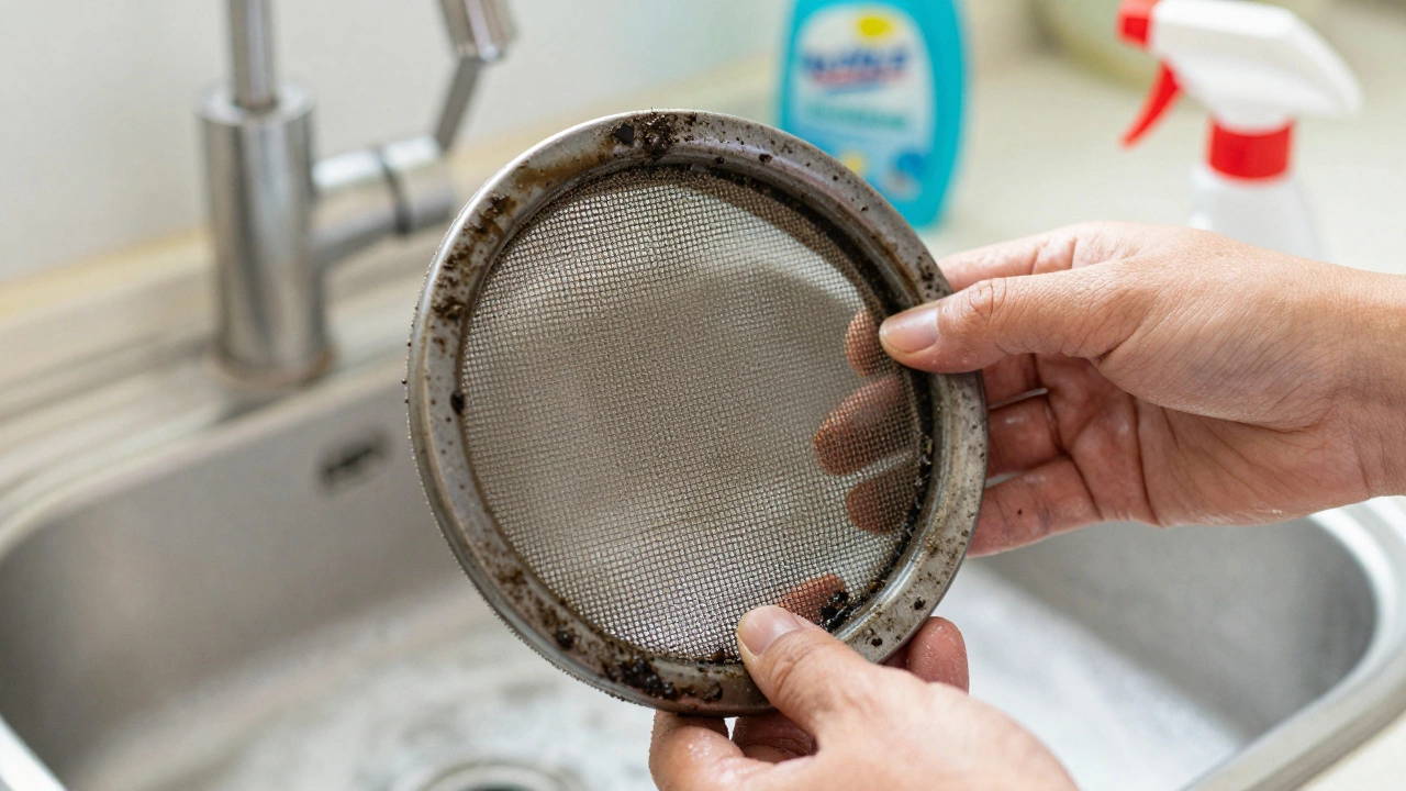 Dirty grease-covered extractor fan filter being held over sink