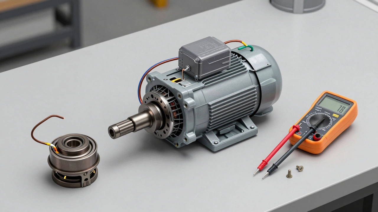 Disassembled extractor fan motor parts and multimeter on a workbench