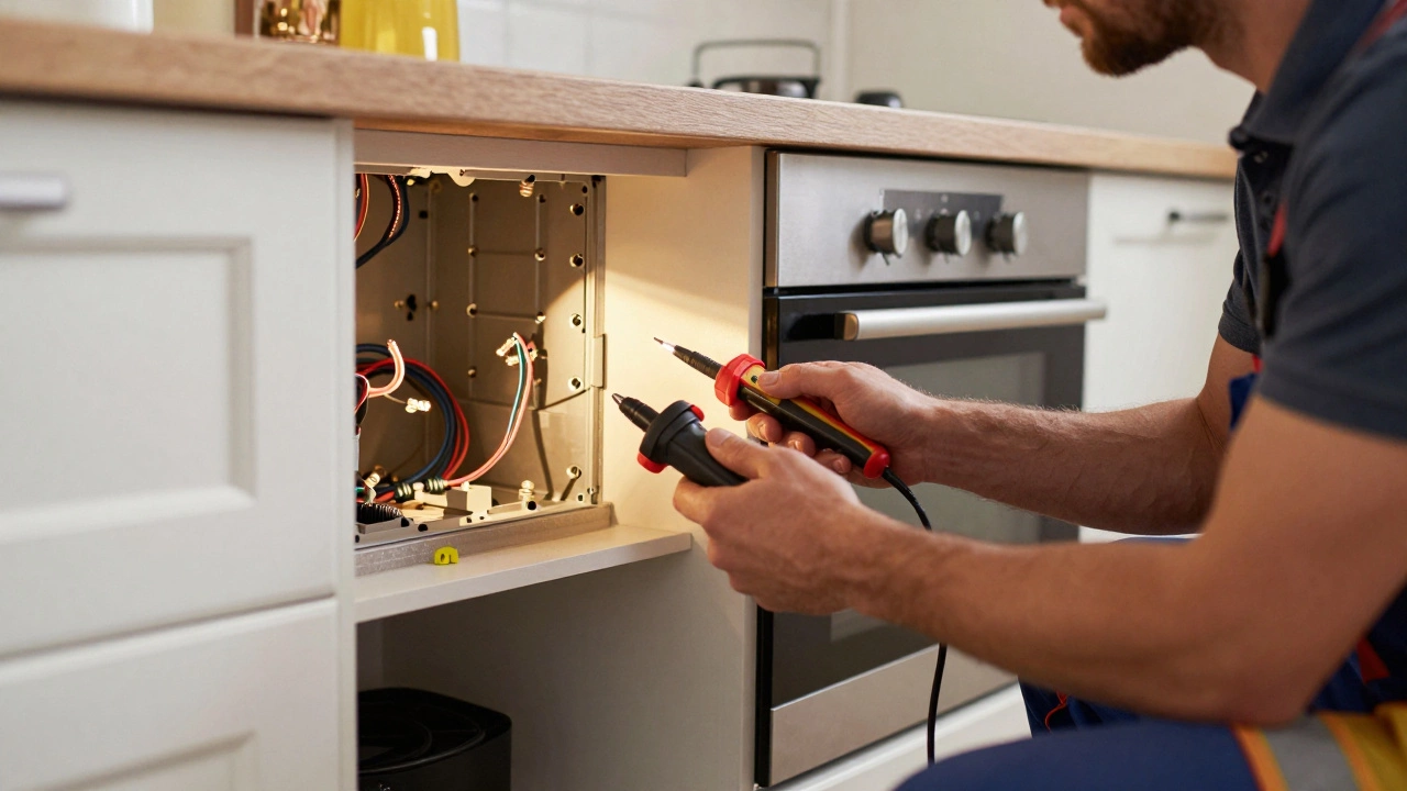 Electrician inspecting wiring behind an oven with voltage tester