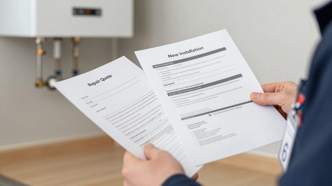 Engineer reviewing repair quote versus new boiler installation cost