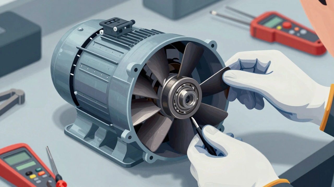 Hand testing extractor fan motor blades with tools nearby