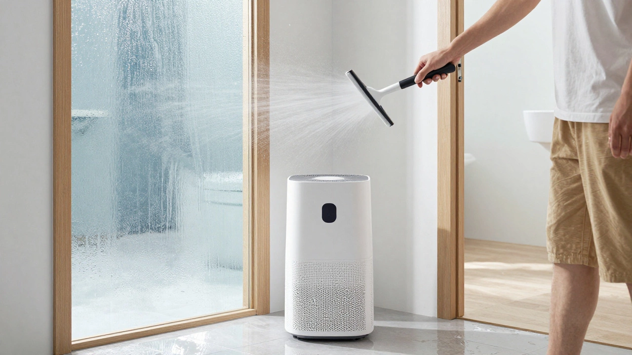 Hand using a squeegee on a bathroom mirror with a dehumidifier nearby to control humidity.