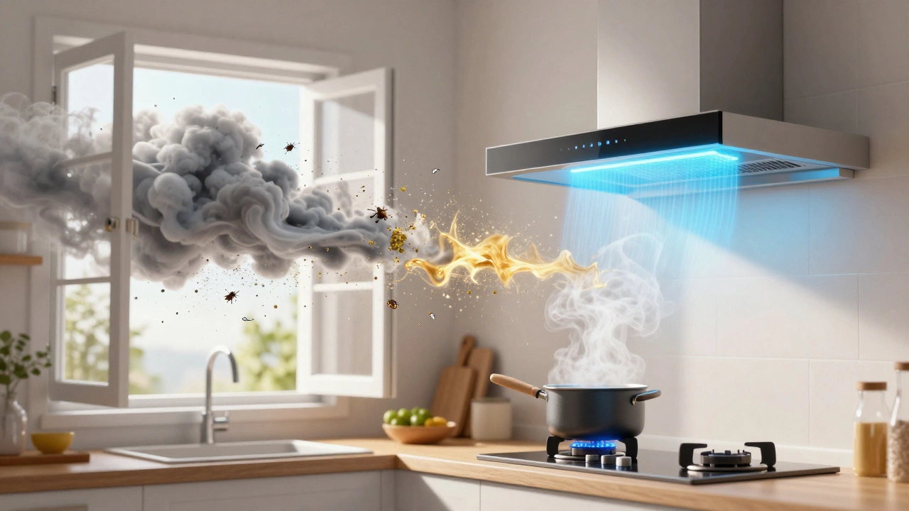 Illustration contrasting dirty air from an open window with clean air from an extractor fan