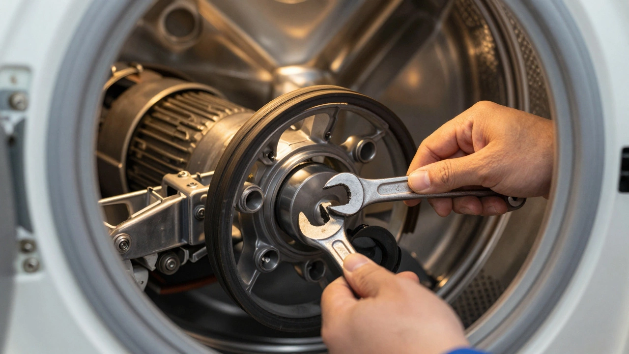 Mechanic repairing internal gears and motor of a washing machine