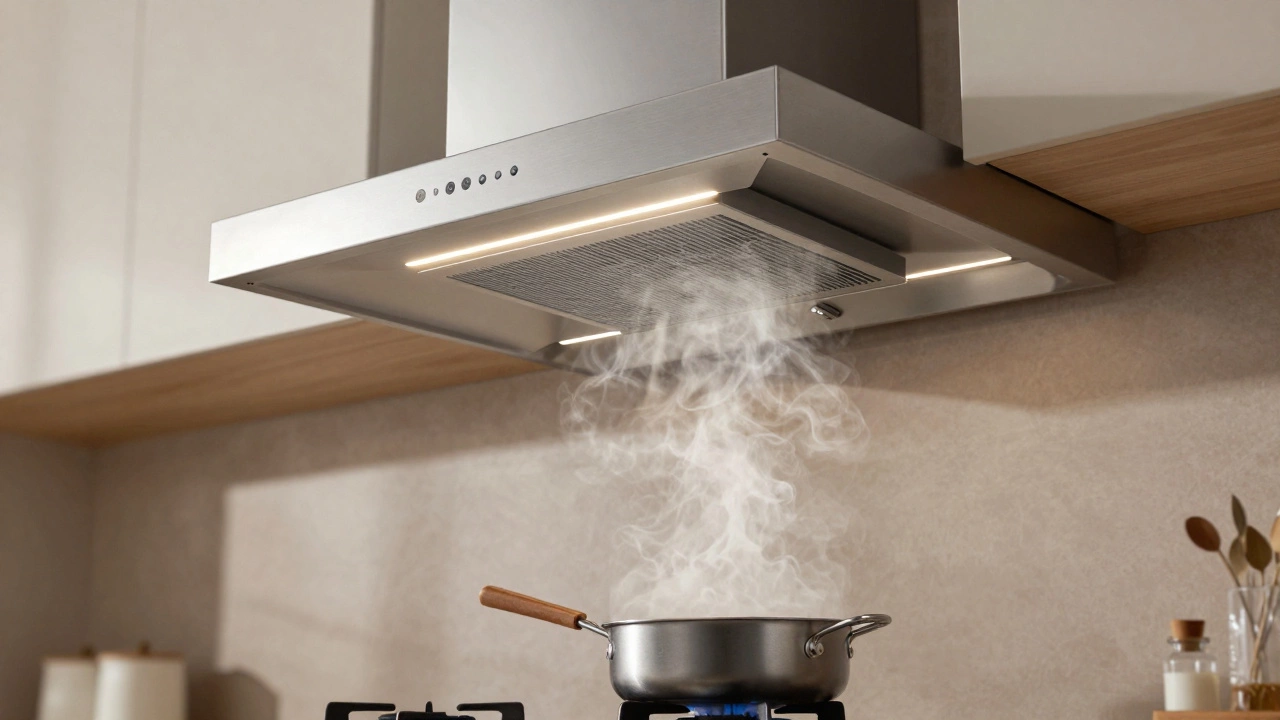 Modern stainless steel extractor fan with LED lights installed above a clean stovetop