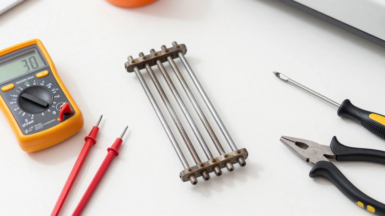 New and old oven heating elements with multimeter and tools
