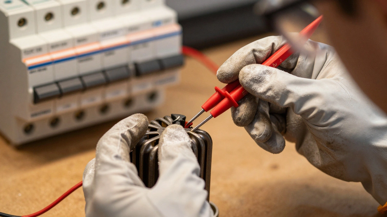 Person using multimeter to test a removed hob heating element for safety.