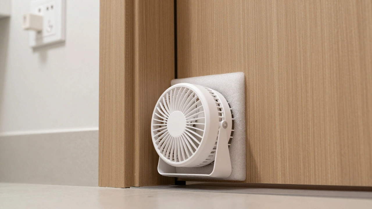 Portable exhaust fan sealed under a bathroom door, providing ventilation for a windowless room.