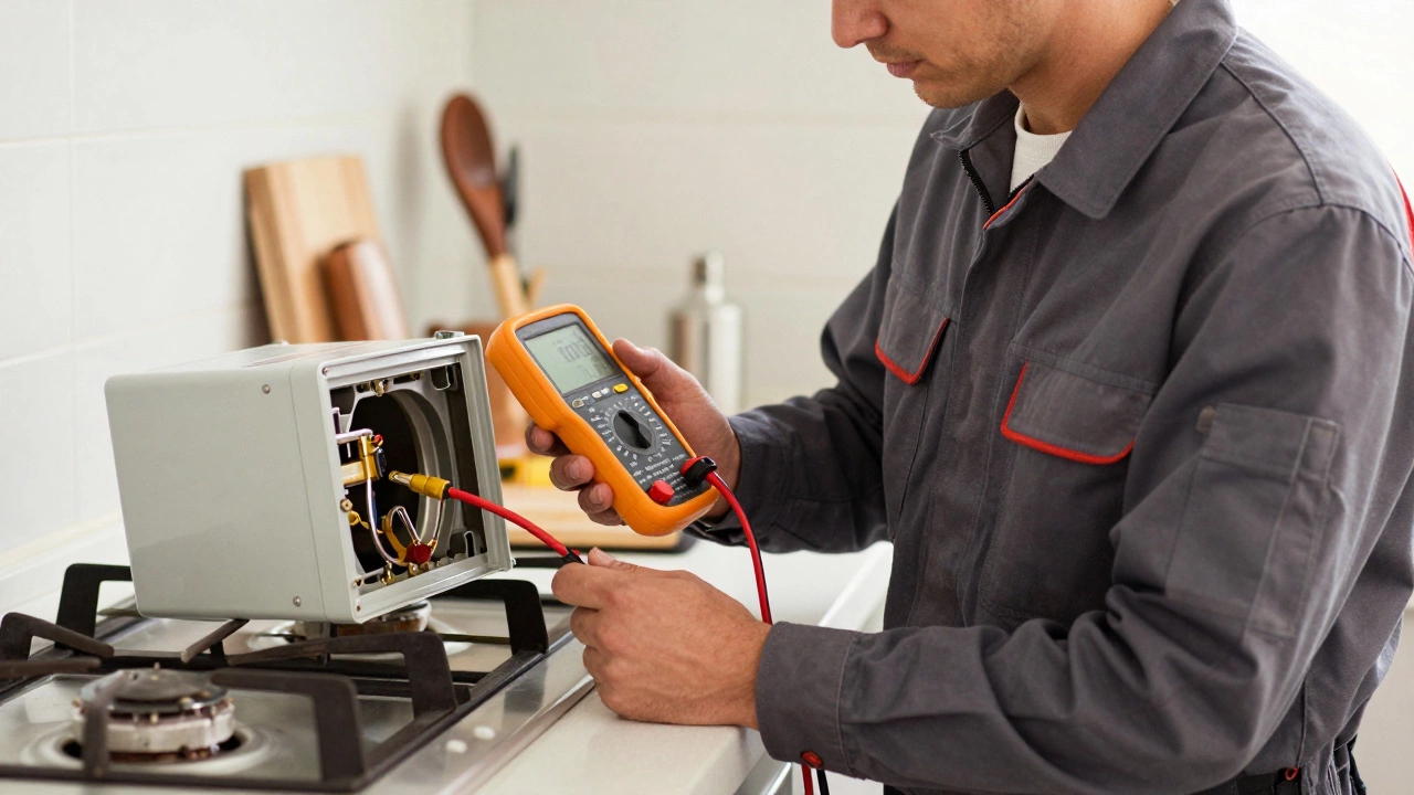 Technician repairing a gas oven control panel