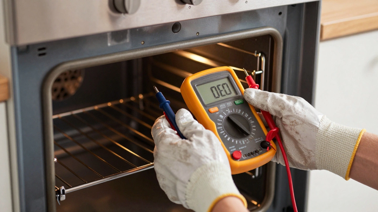 Technician testing oven internal connections with a multimeter.