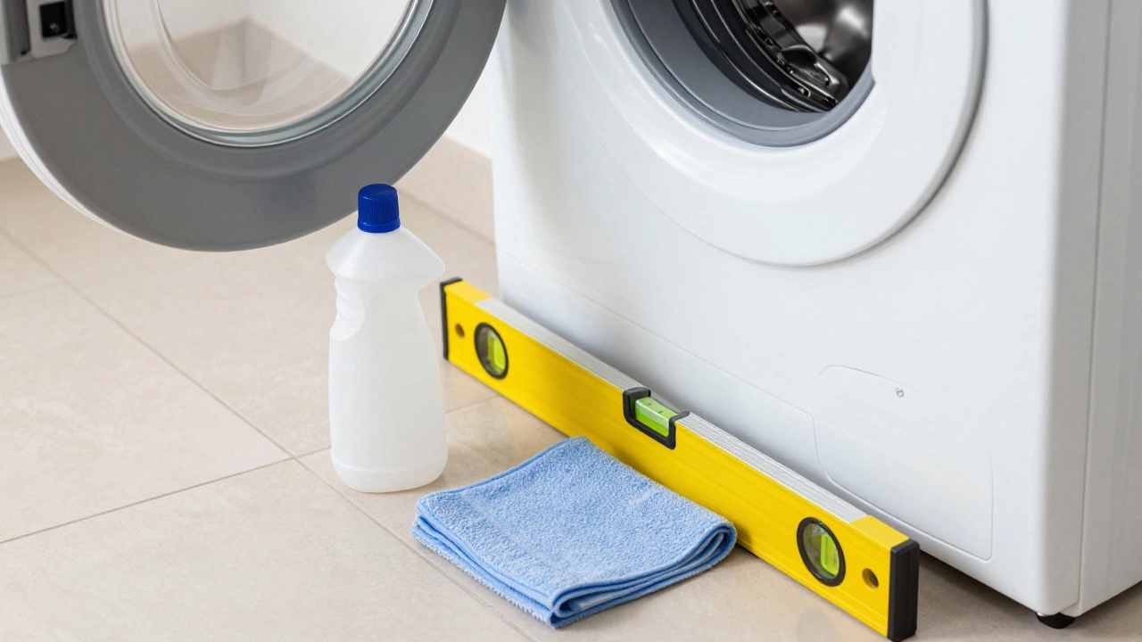 Tools and vinegar for maintaining and leveling a washing machine.
