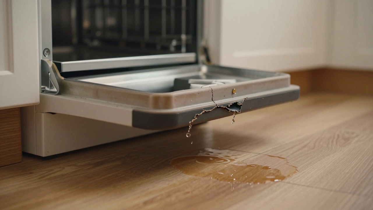 Water leaking onto kitchen floor from a cracked and brittle dishwasher door seal.