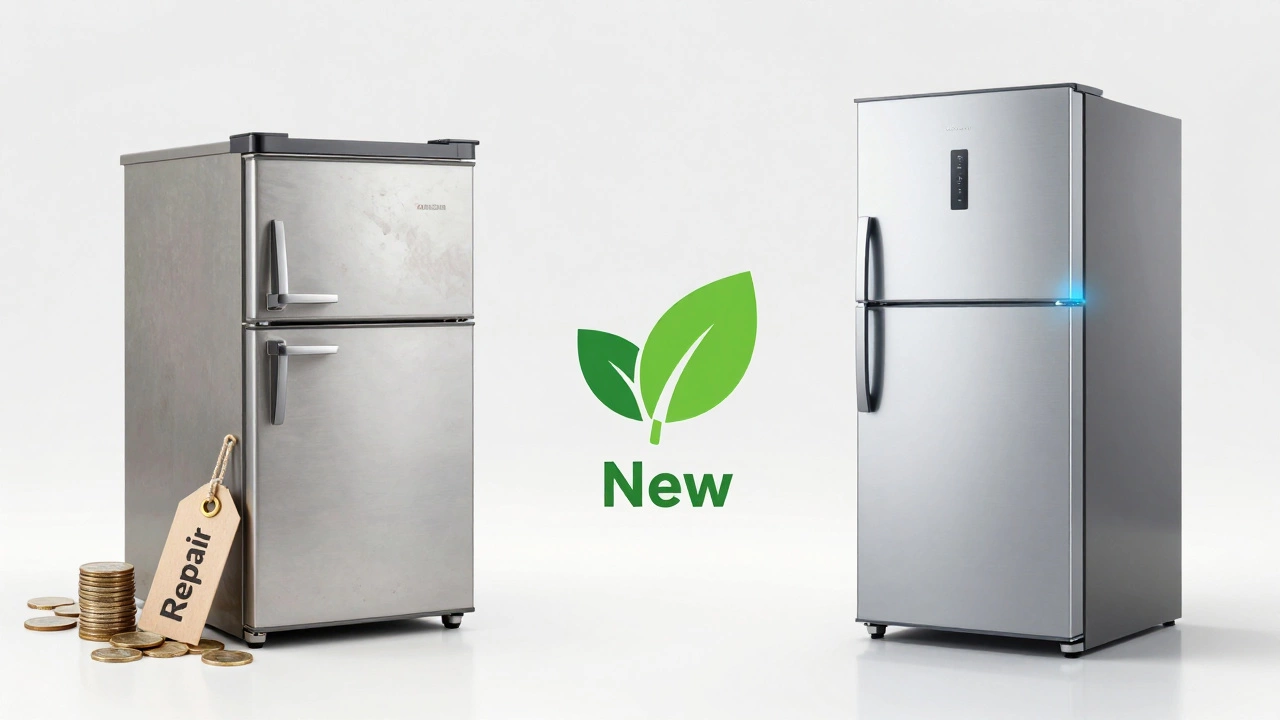 Comparison graphic of repairing an old freezer versus buying a new one