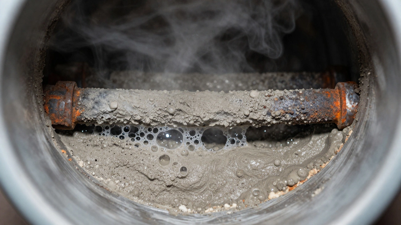 Cutaway view showing sediment buildup inside a water heater tank