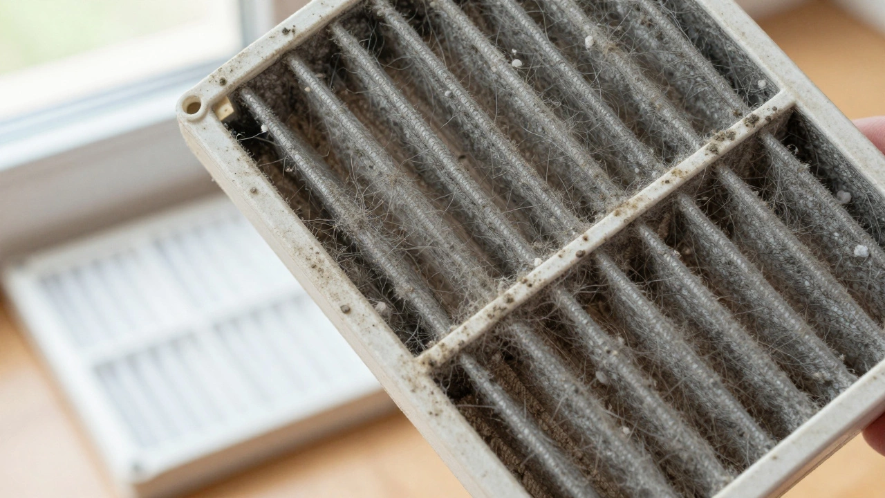 Dirty clogged air filter held against light next to a new one