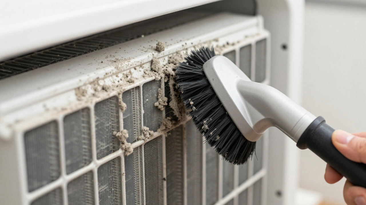 Dirty condenser coils being cleaned with a brush