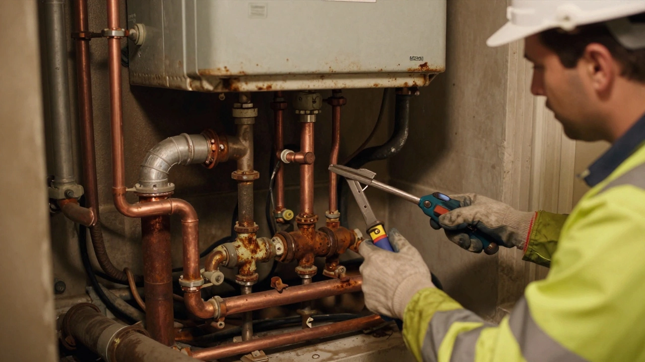 Engineer repairing complex old pipework behind a boiler