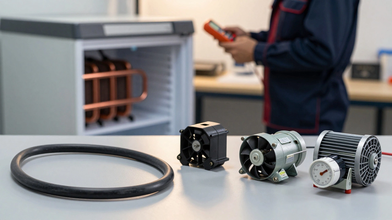 Freezer repair parts like fan motor and seal on a workbench