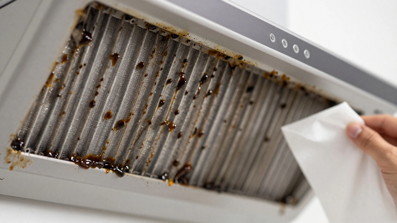 Greasy clogged filter and fluttering tissue showing poor airflow from neglected fan