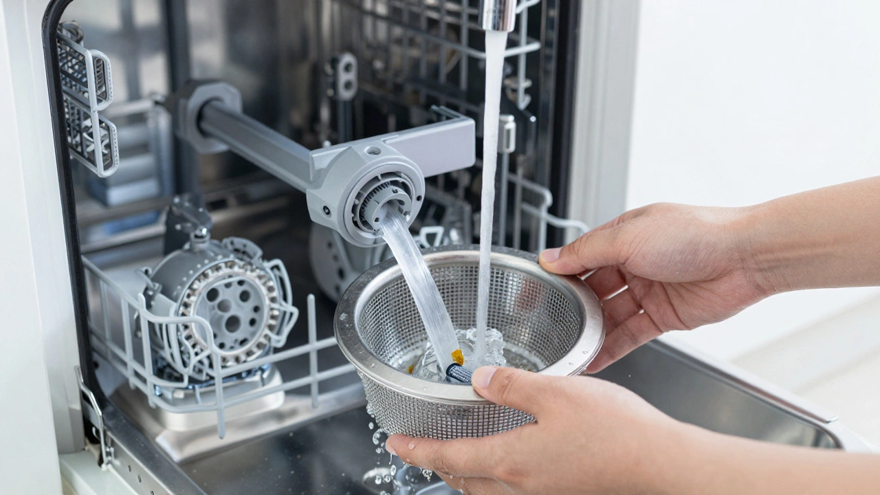 Hands cleaning dishwasher filter and spray arm under water