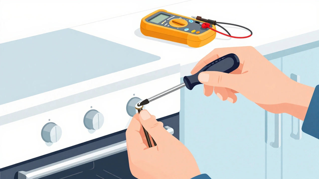 Hands using tools to replace an oven element, with a multimeter nearby for testing continuity.