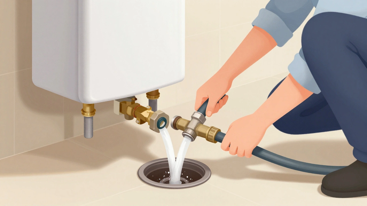 Homeowner flushing sediment from a water heater using a hose