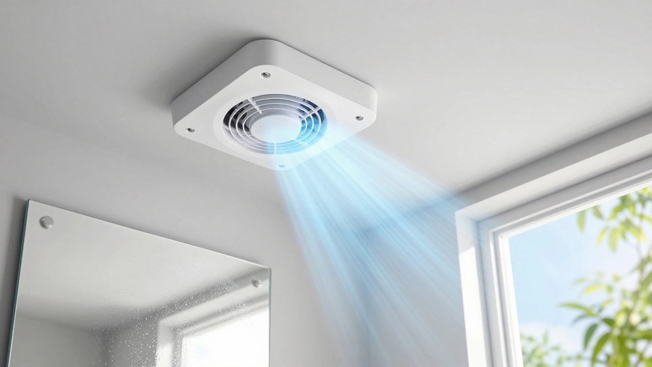New extractor fan removing condensation from bathroom mirror for fresh air