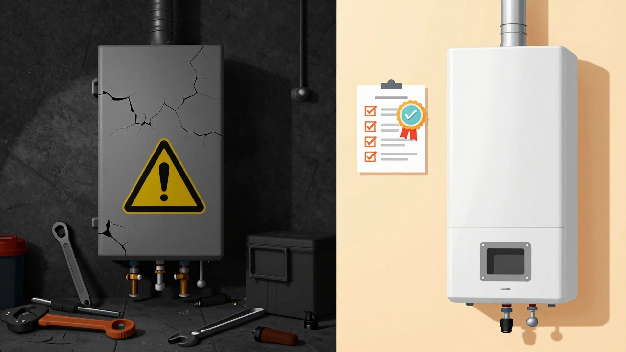 Split image comparing dangerous DIY repairs with safe professional boiler servicing