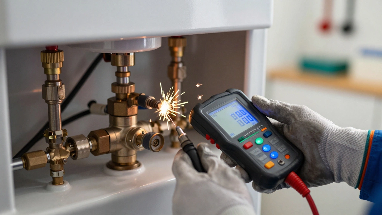 Technician using a digital analyzer to check a gas boiler's combustion efficiency