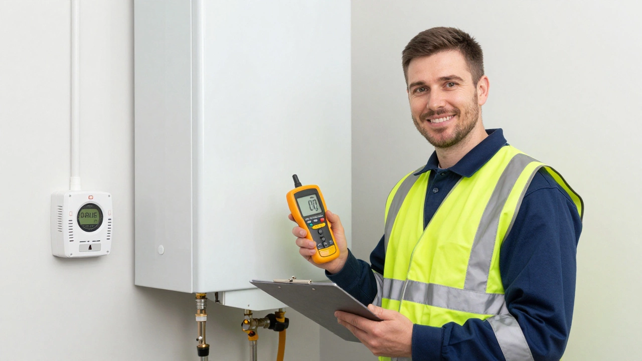Certified engineer safely inspecting a boiler with tools