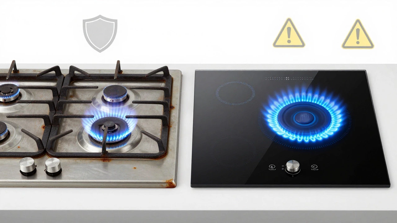 Comparison showing unsafe old gas stove versus safe, efficient modern induction cooktop.