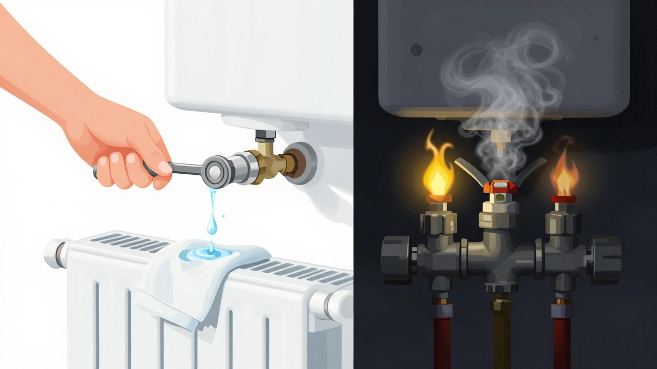 Contrast between safe radiator bleeding and dangerous gas work