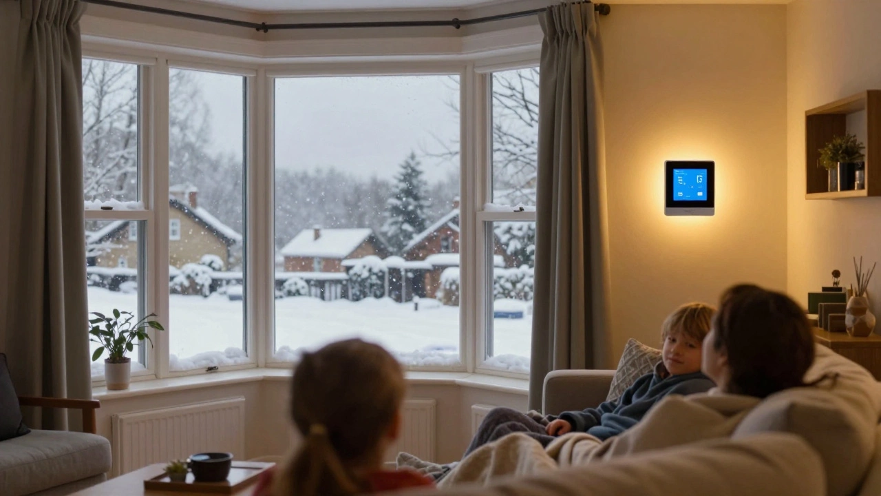 Cozy living room with smart thermostat displaying warmth during snowy weather