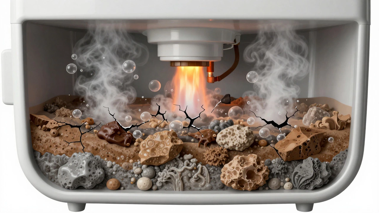 Cross-section diagram showing sediment buildup and steam bubbles inside a water heater.