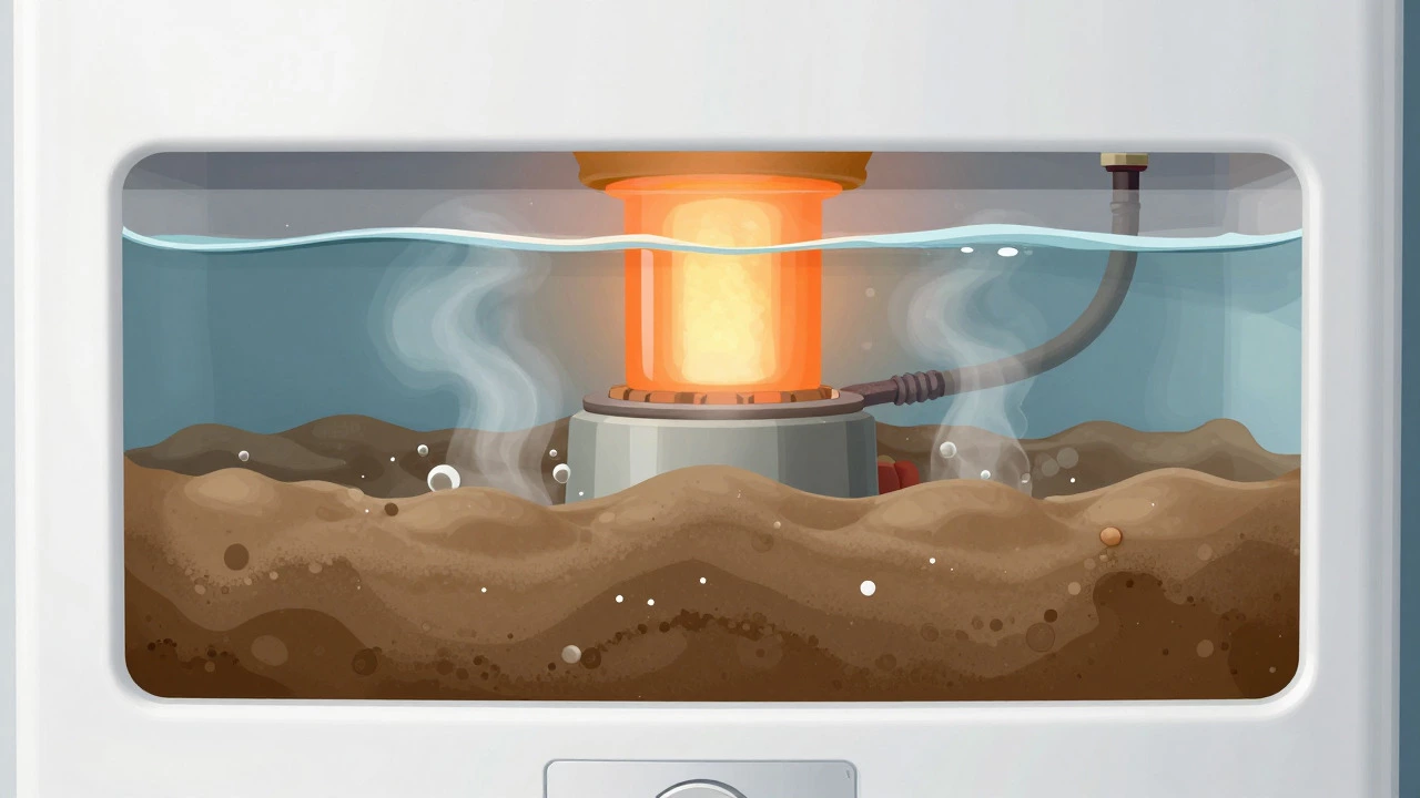 Cross-section of water heater with sediment buildup