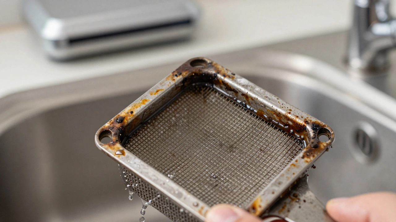 Dirty grease filter being washed in a sink for maintenance