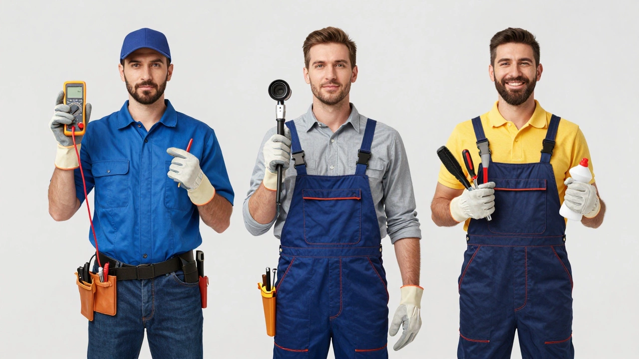 Electrician, HVAC tech, and handyman representing repair options