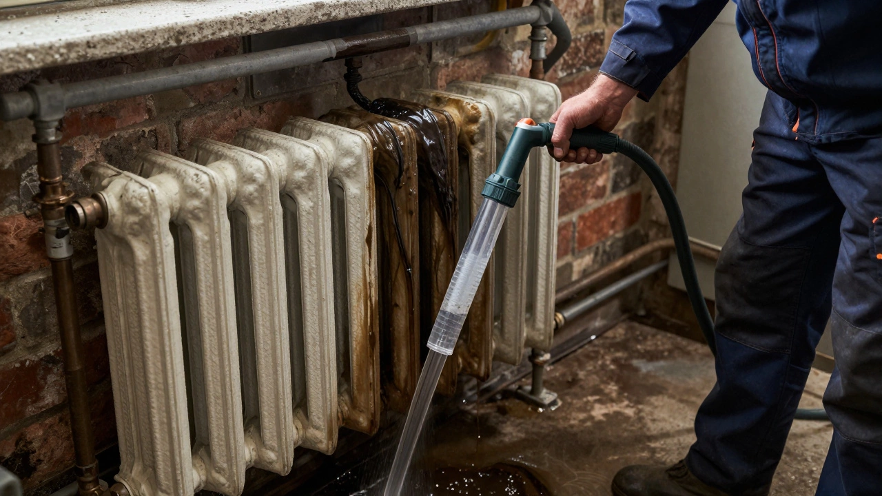 Engineer connecting hoses to flush sludge from an old radiator system