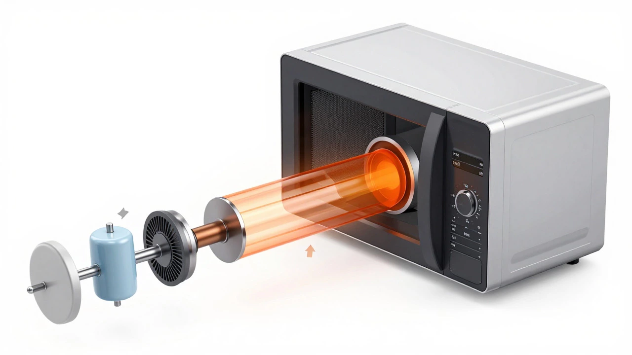 Exploded 3D view of microwave internal components highlighting magnetron