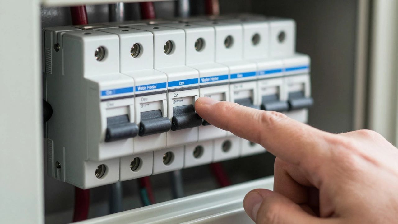 Hand resetting water heater circuit breaker switch