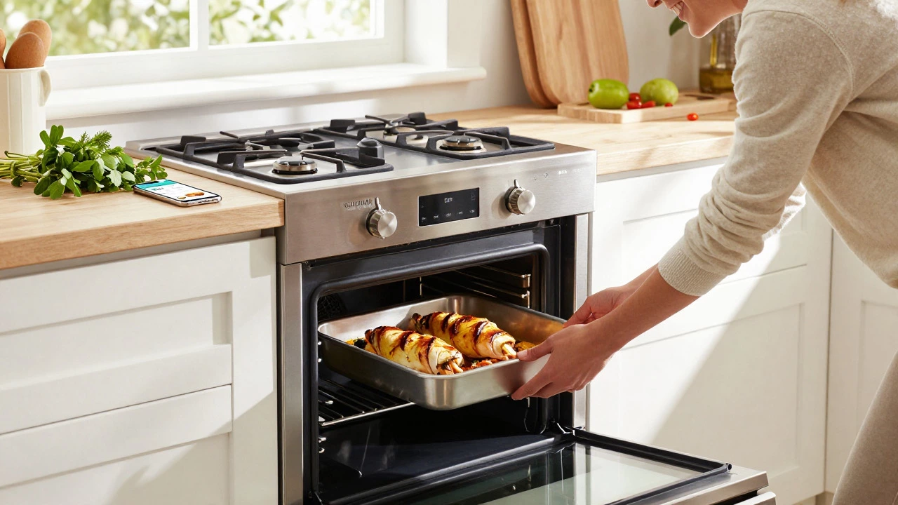 Happy person using a new, sleek stainless steel oven in a bright, modern kitchen.
