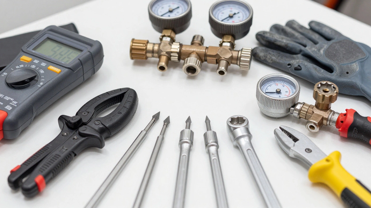 Professional appliance repair tools laid out on a workbench