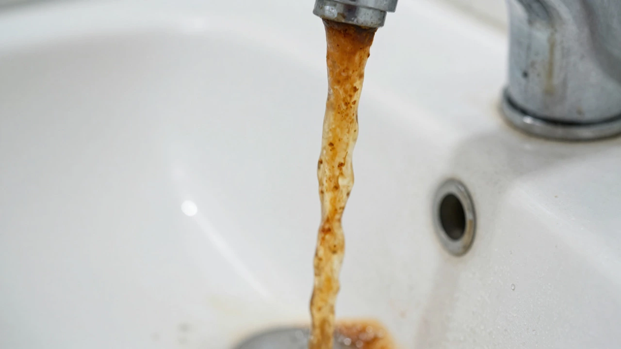 Rusty brown water flowing from a tap into a white sink basin.