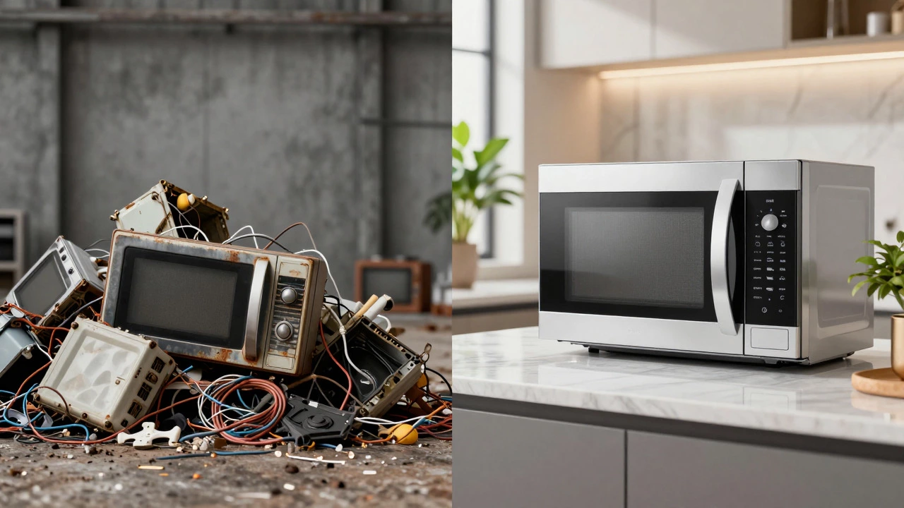 Split image comparing e-waste landfill with new premium kitchen appliance