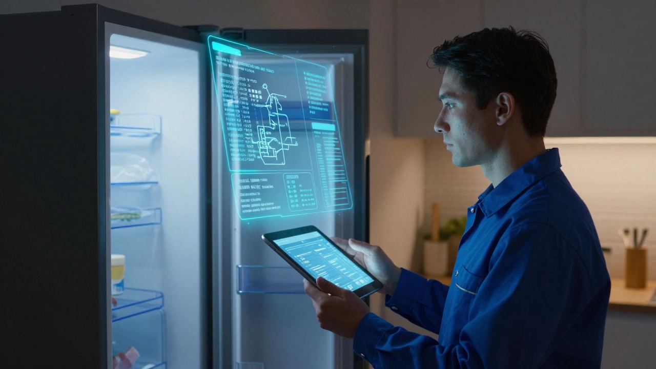 Techician analyzing smart fridge data via holographic tablet